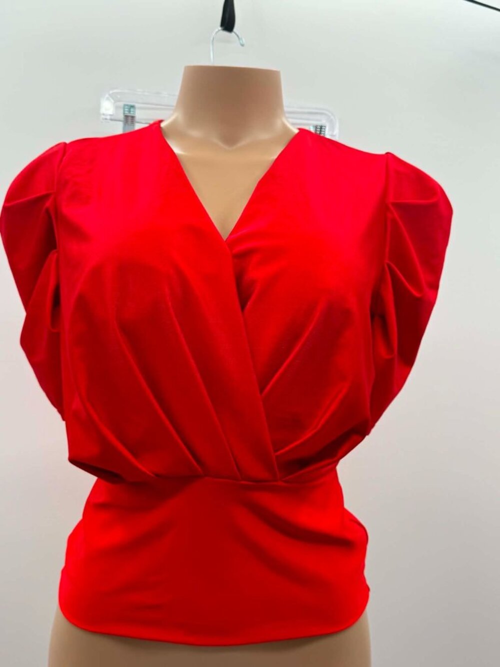 women Red Satin Wrap Blouse Puff Sleeve V-neck Elegant Dressy top